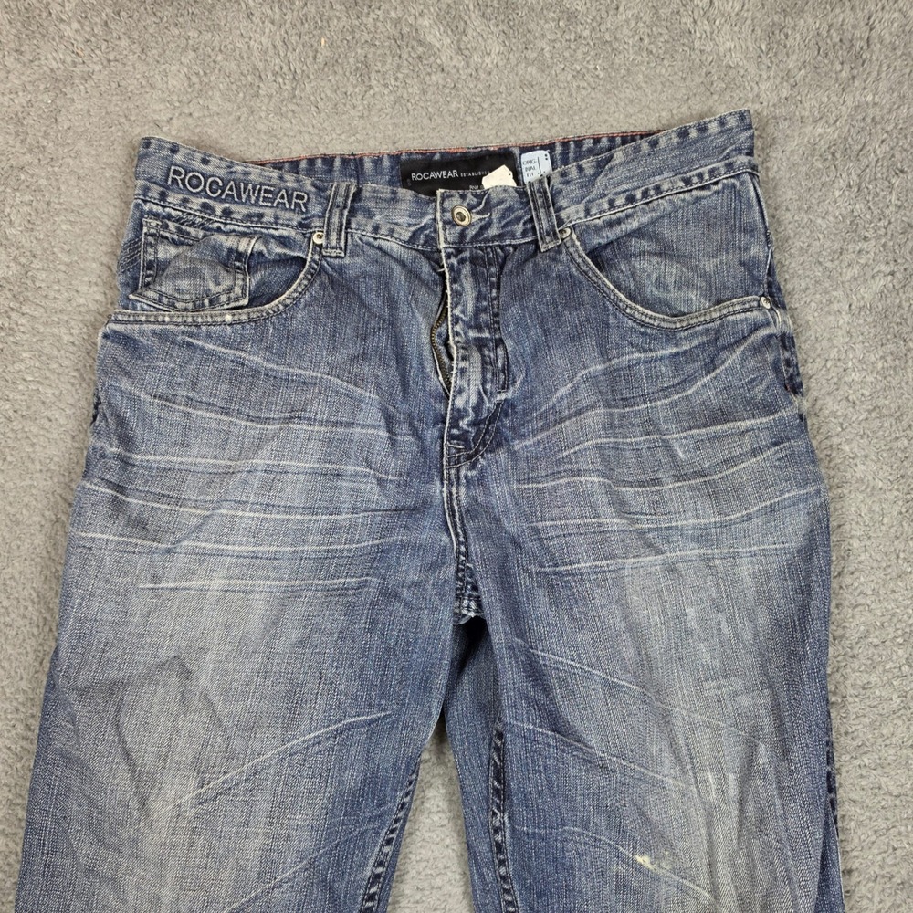 Rocawear Jeans Mens 38x34 Blue Good Y2K Baggy Embroidered Original Fit Denim - Picture 9 of 12